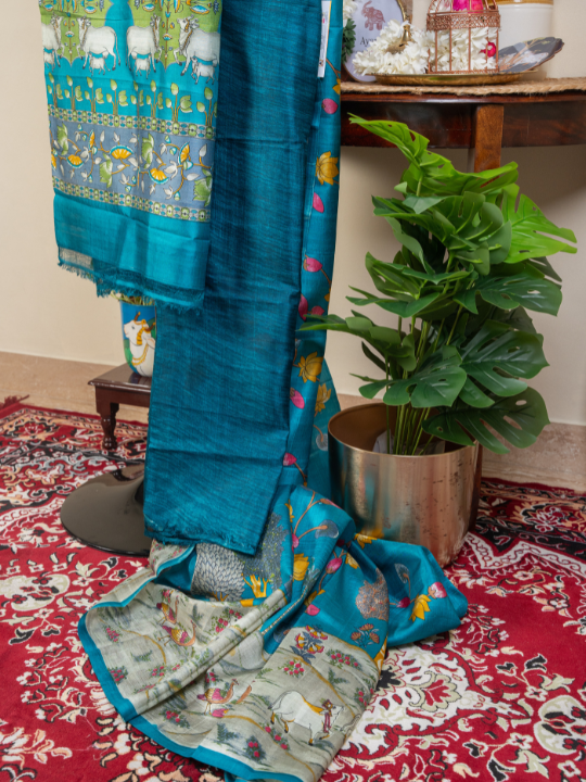 Teal Blue Pure Silk Saree