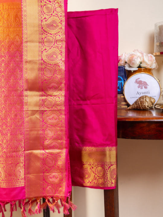 Dual-Tone Pink and Orange Handwoven Pure Katan Silk Benarasi