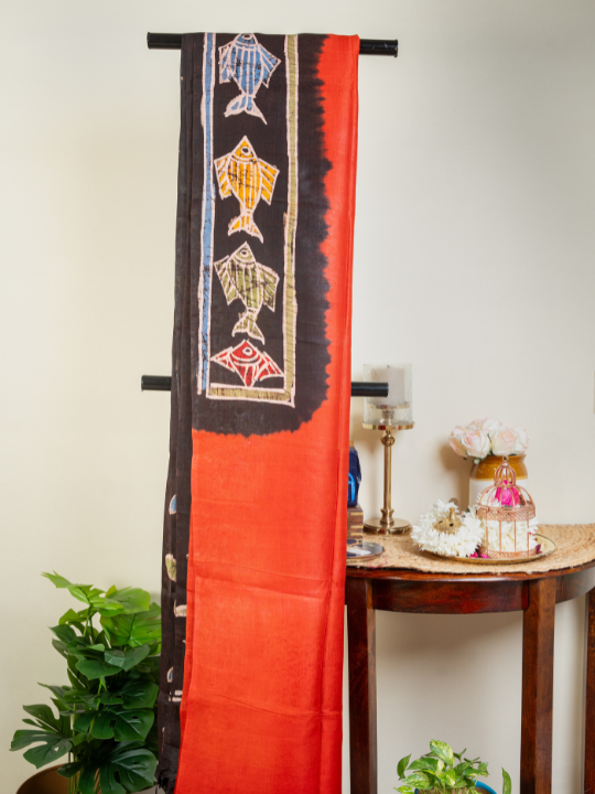 Brick Red Pure Silk Batik Saree