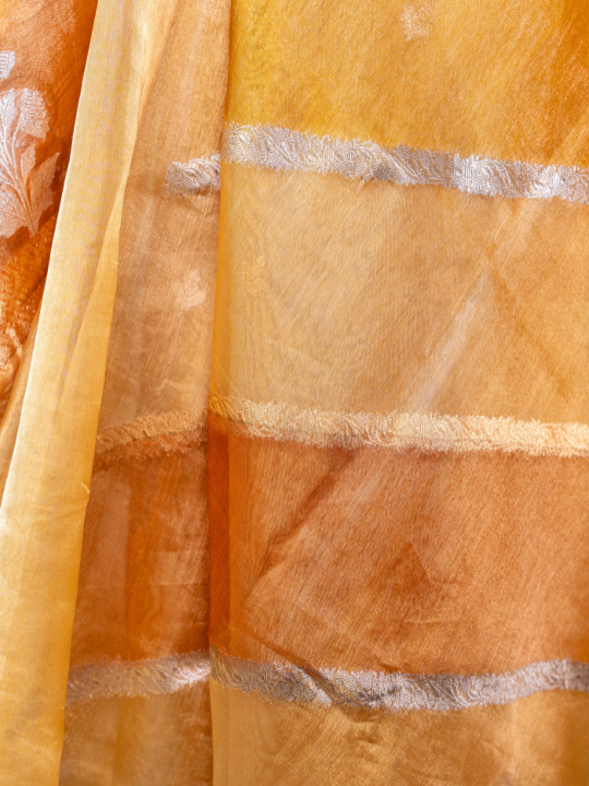 Antique Gold and Amber Tones Handcrafted Pure Silk Tissue Rangkaat Saree