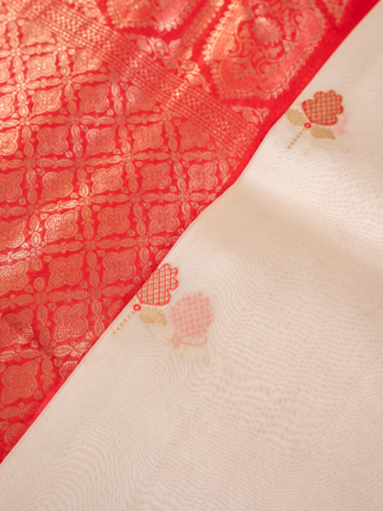White and Red Shakti Pure Silk Organza Saree