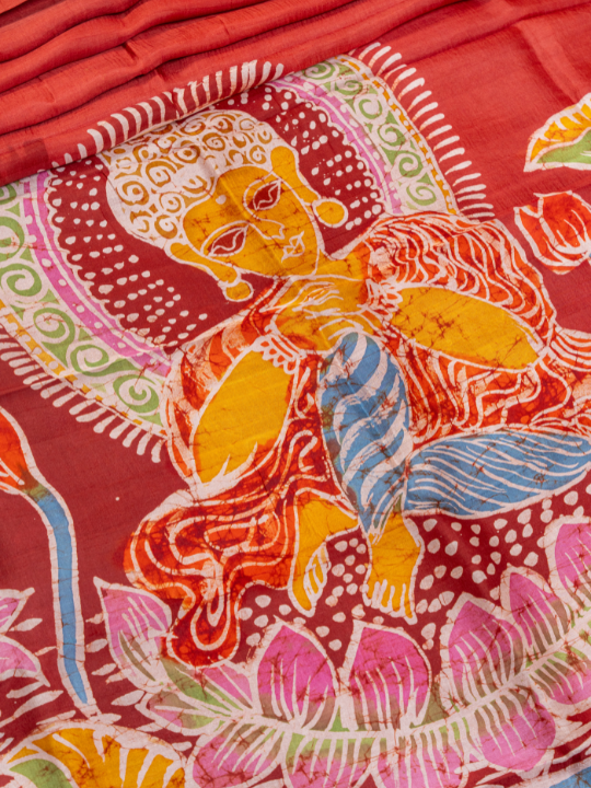 Brick Red Handcrafted Pure Silk Batik Saree