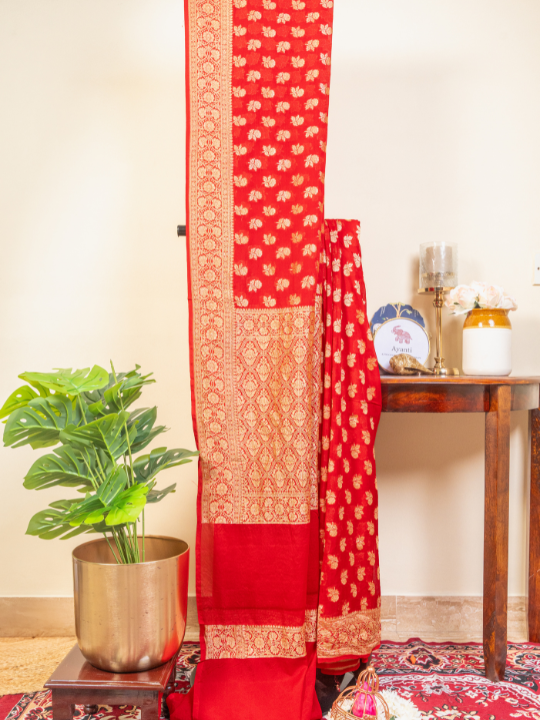 Red Handwoven Pure Silk Khaddi Georgette Saree