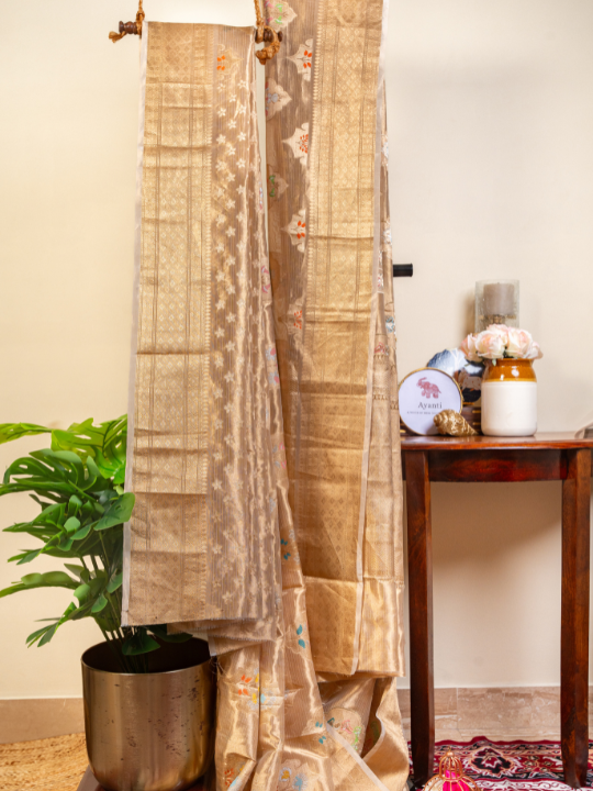 Golden Handcrafted Pure Silk Tissue Saree