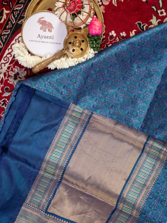 Royal Blue Handwoven Double Katan Chauvari Jamewar