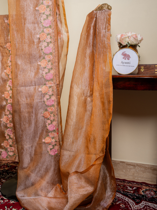 Peach Golden Soft Crush Tissue Saree