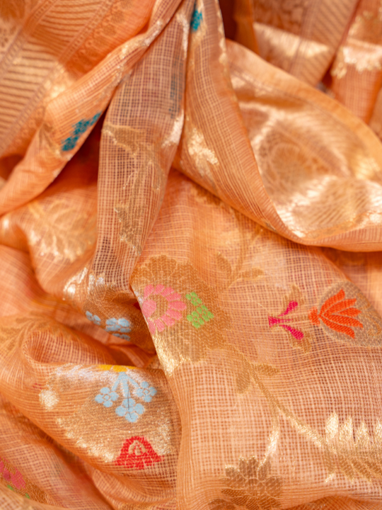 Peach with Orange Undertone Exquisite Handloom Katan Kota Silk Saree