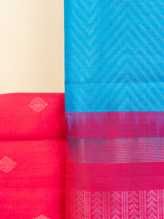 Blue and Rani Pink Handloom Pure Raw Silk Saree