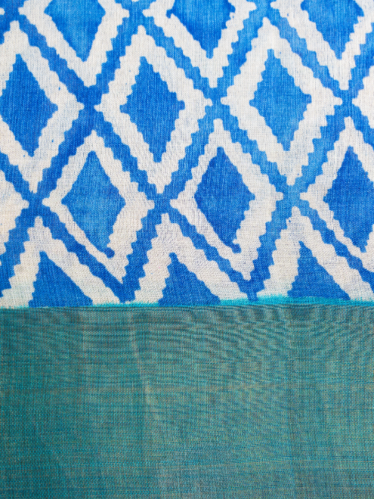 White and Azure Blue Handwoven Pure Silk Tussar Saree