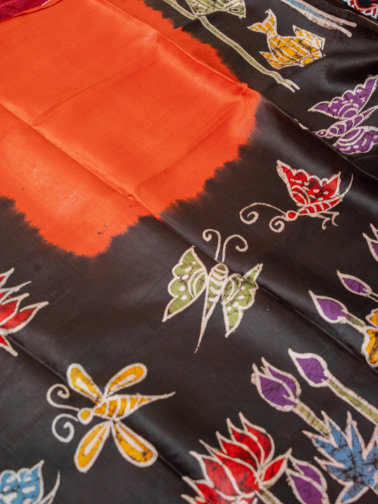 Brick Red Pure Silk Batik Saree