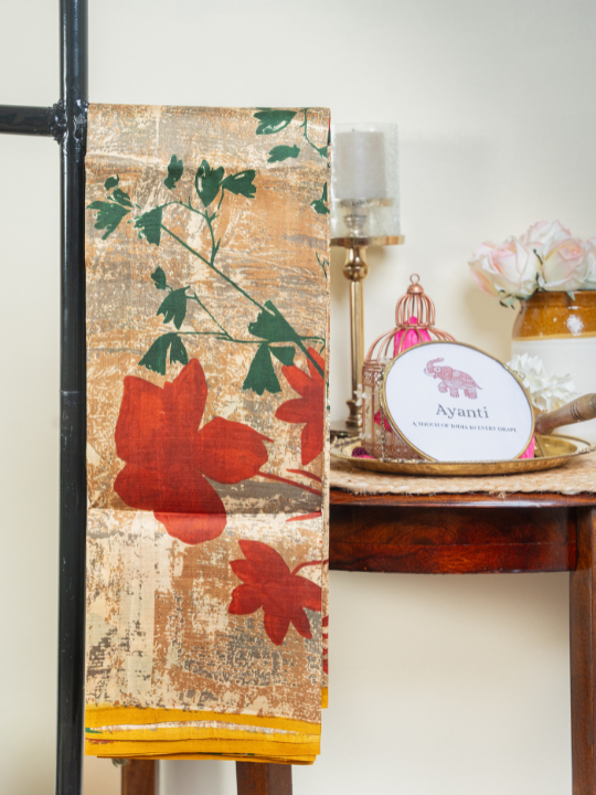 Muted Beige Pure Silk Batik Saree