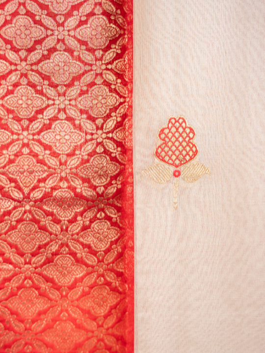 White and Red Shakti Pure Silk Organza Saree