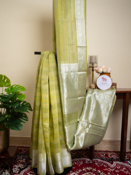 Pistachio Green Cotton Linen Hand Woven Banarasi Saree