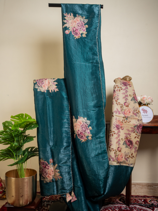 Deep Teal Soft Crush Silk Saree