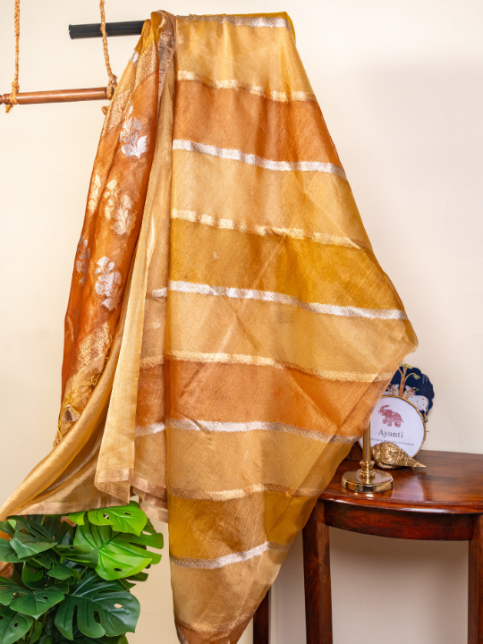 Antique Gold and Amber Tones Handcrafted Pure Silk Tissue Rangkaat Saree