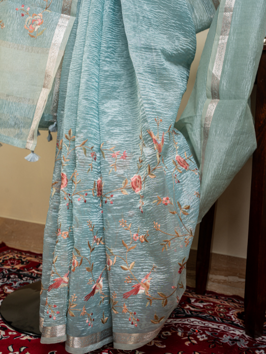 Powder Blue Soft Crush Silk Saree