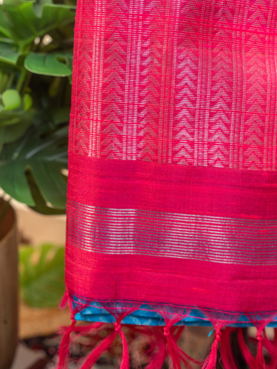Blue and Rani Pink Handloom Pure Raw Silk Saree