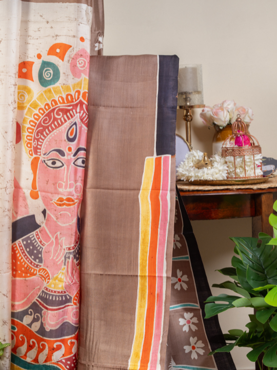 Taupe Brown Pure Silk Batik Saree