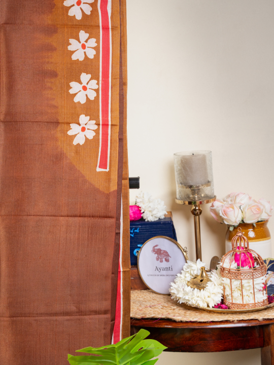 Earthy Brown Pure Silk Batik Saree