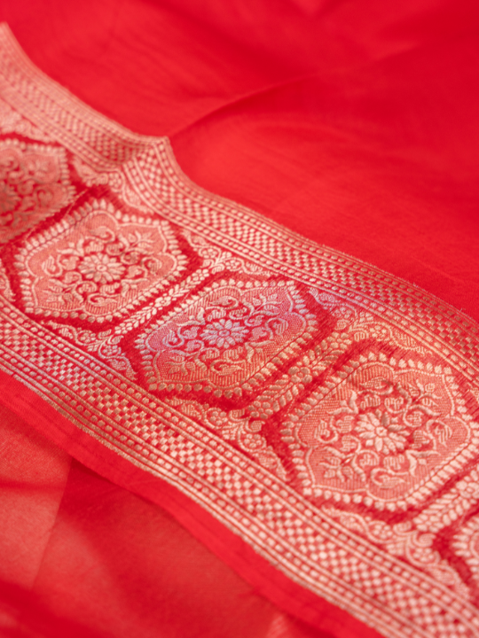 White and Red Shakti Pure Silk Organza Saree