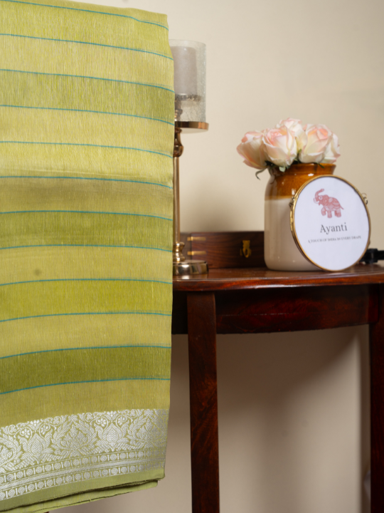 Pistachio Green Cotton Linen Hand Woven Banarasi Saree