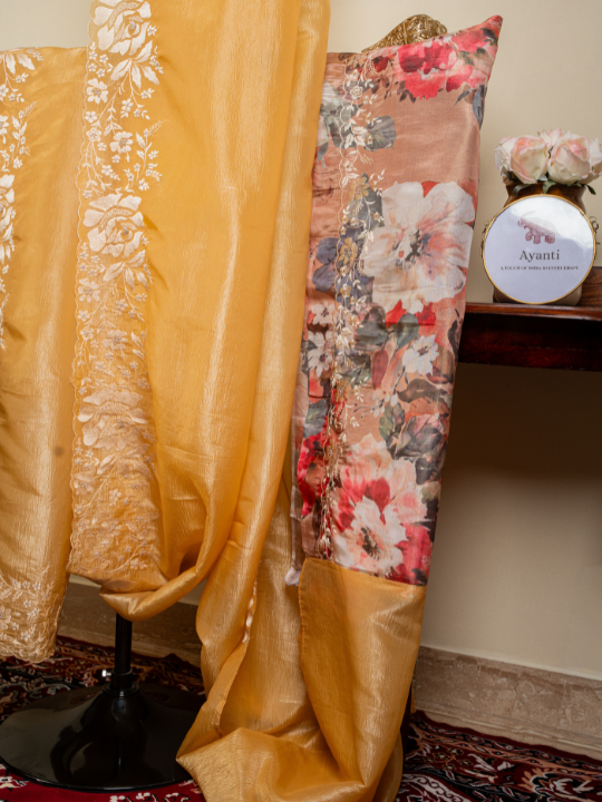 Mustard Yellow Soft Crush Tissue Saree