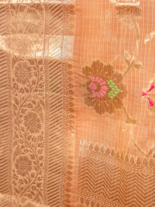 Peach with Orange Undertone Exquisite Handloom Katan Kota Silk Saree