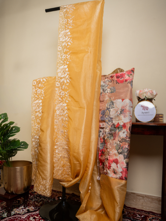 Mustard Yellow Soft Crush Tissue Saree