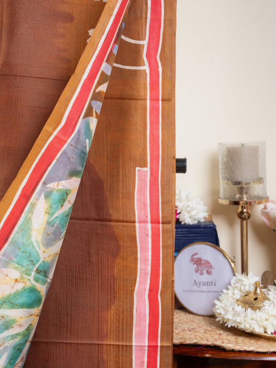 Earthy Brown Pure Silk Batik Saree