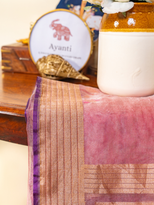 Pink-Lilac Handcrafted Katan Silk Tissue Saree