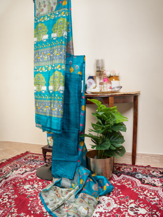 Teal Blue Pure Silk Saree