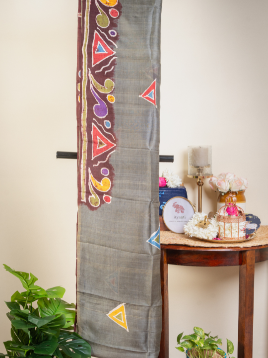 Charcoal Grey Pure Silk Batik Saree