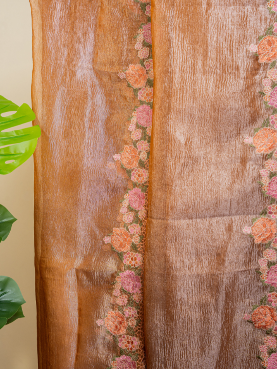 Peach Golden Soft Crush Tissue Saree