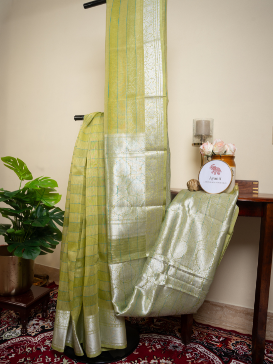 Pistachio Green Cotton Linen Hand Woven Banarasi Saree