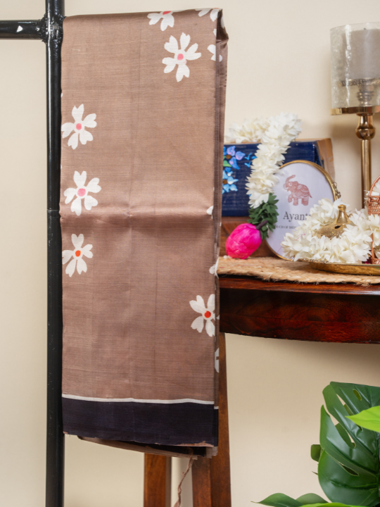 Taupe Brown Pure Silk Batik Saree