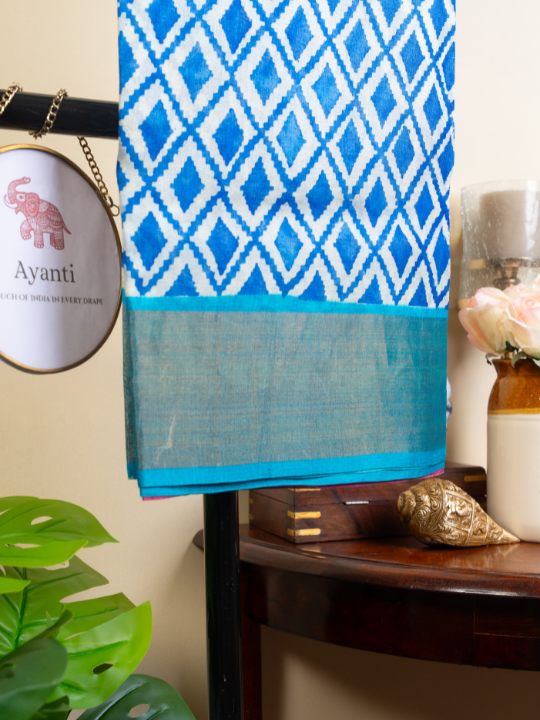 White and Azure Blue Handwoven Pure Silk Tussar Saree