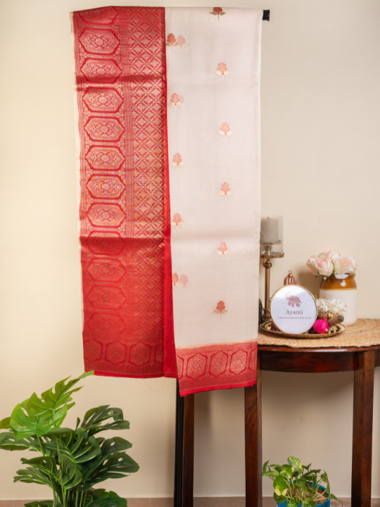 White and Red Shakti Pure Silk Organza Saree