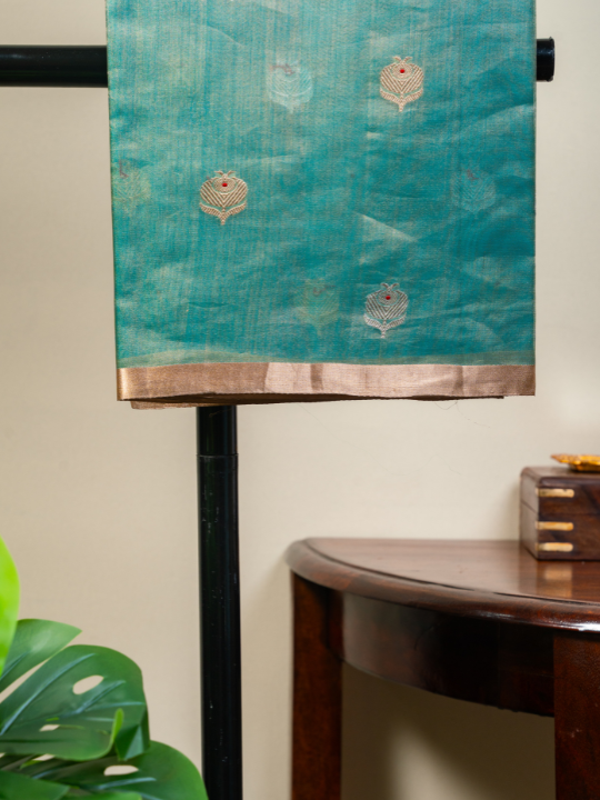 Aqua Blue Handcrafted Pure Silk Tissue Saree