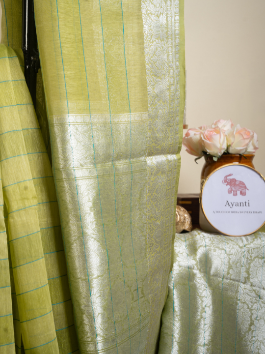 Pistachio Green Cotton Linen Hand Woven Banarasi Saree