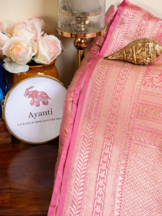Rose Pink Pure Katan Shikargah Benarasi