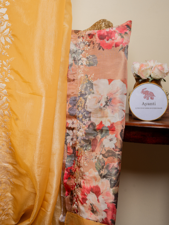 Mustard Yellow Soft Crush Tissue Saree