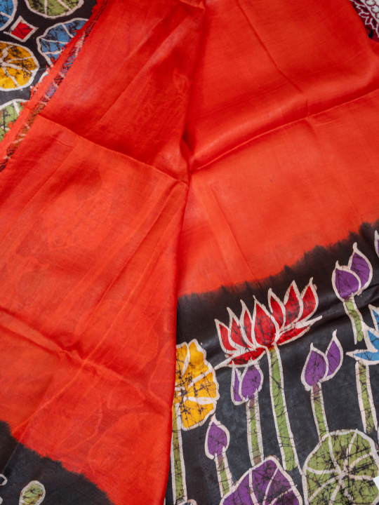 Brick Red Pure Silk Batik Saree