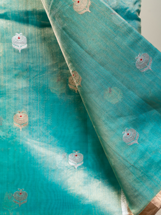 Aqua Blue Handcrafted Pure Silk Tissue Saree
