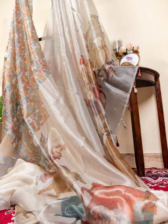 Ivory Handcrafted Pure Silk Tissue Saree