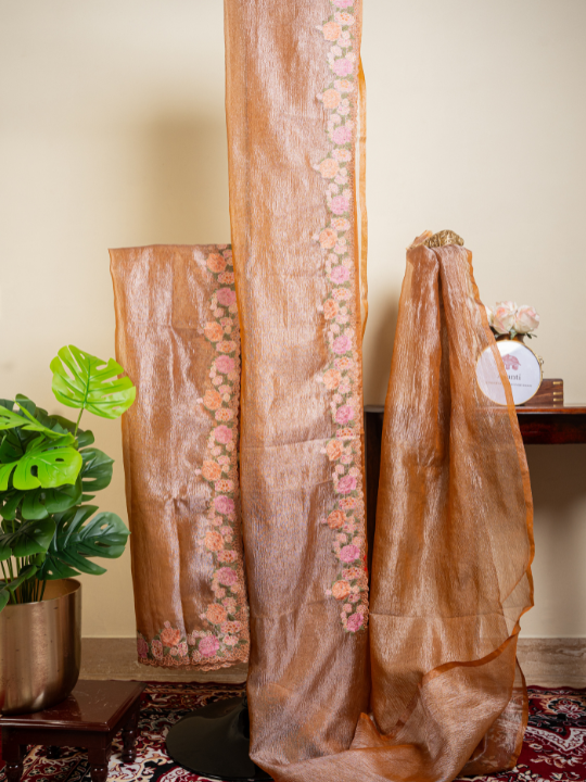 Peach Golden Soft Crush Tissue Saree