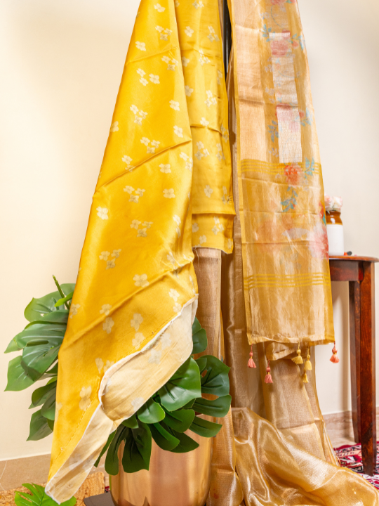 Mustard Yellow Handcrafted Pure Silk Tissue Saree