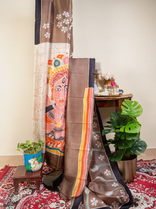 Taupe Brown Pure Silk Batik Saree
