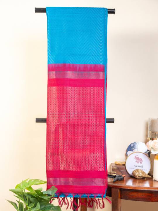 Blue and Rani Pink Handloom Pure Raw Silk Saree