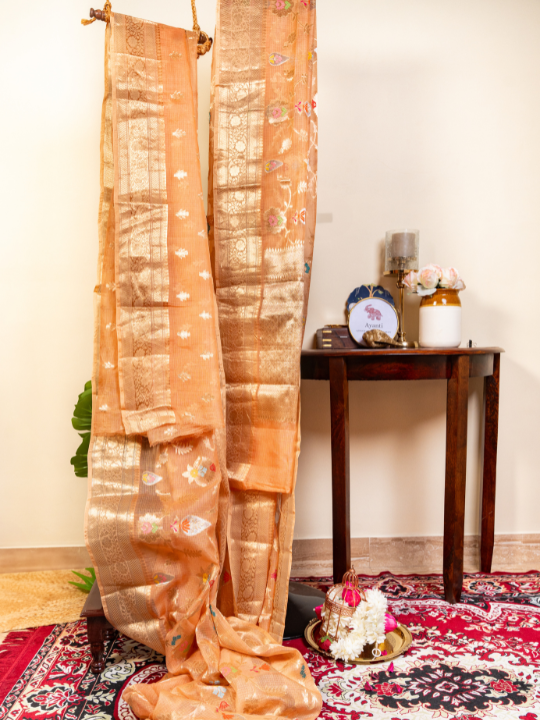 Peach with Orange Undertone Exquisite Handloom Katan Kota Silk Saree