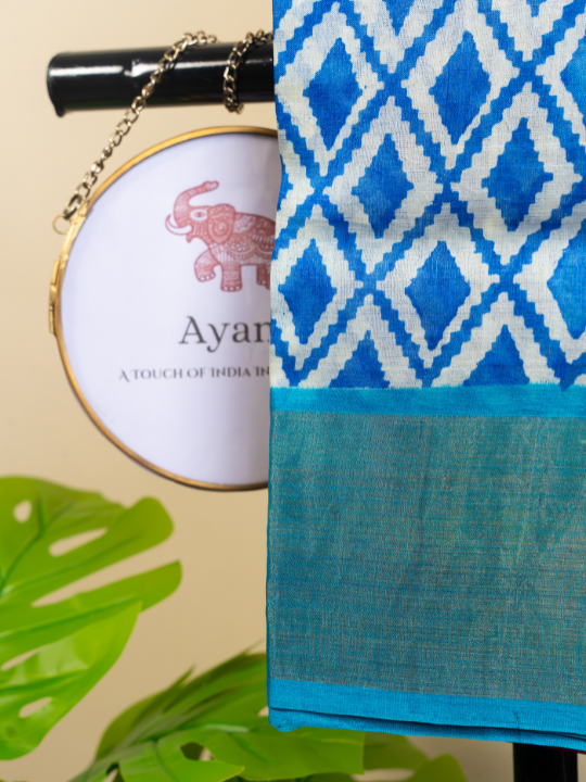 White and Azure Blue Handwoven Pure Silk Tussar Saree